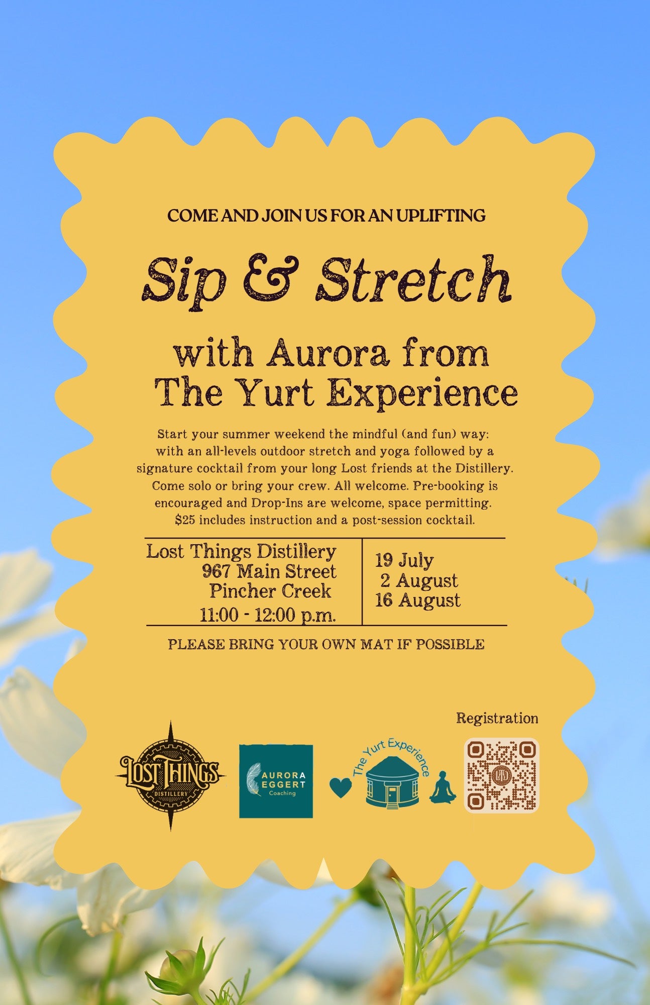 Sip and Stretch with Aurora from the Yurt Experience, Aug 2, 11am